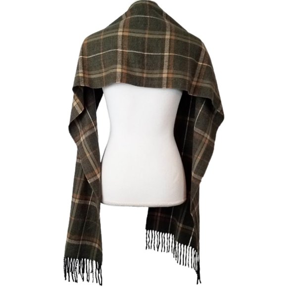 CASHMERE FEEL ITALY DESIGN Olive Plaid Viscose Scarf  Fringe Edge - Picture 6 of 8
